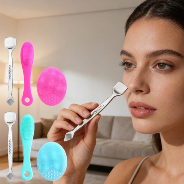 J·FOCUS Bathroom Daily Skincare 3-in-1 Set | Blackhead Remover Spatula + Nose Pore Cleansing Brush + Facial Silicone Cleansing Brush | Deep Pore Clean Blackhead Removal Tool | Suitable for All Skin Types | Travel-Friendly & Easy to Clean