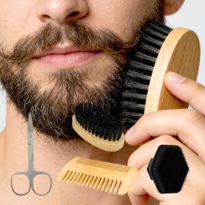 Men's portable beard trimming set, Men’s Beard Grooming Kit – Natural Wood Beard Brush, Comb, Scissors & Exfoliating Brush with Travel Pouch，essential tool set for commuting beard trimming, Christmas Valentine's Day gift, Father's Day gift, practical gift for boyfriend and husband, birthday party gift, business gift!
