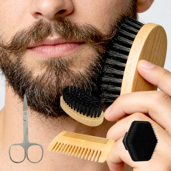 Men's portable beard trimming set, Men’s Beard Grooming Kit – Natural Wood Beard Brush, Comb, Scissors & Exfoliating Brush with Travel Pouch，essential tool set for commuting beard trimming, Christmas Valentine's Day gift, Father's Day gift, practical gift for boyfriend and husband, birthday party gift, business gift!