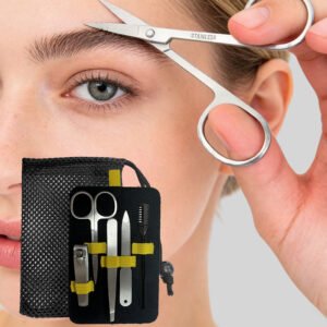 5-in-1 Stainless Steel Manicure & Grooming Kit | Nail Clipper, Scissors, Tweezers, Nail File & Ear Pick | Portable Travel Set with Mesh Bag | Professional Personal Care Tools for Men & Women
