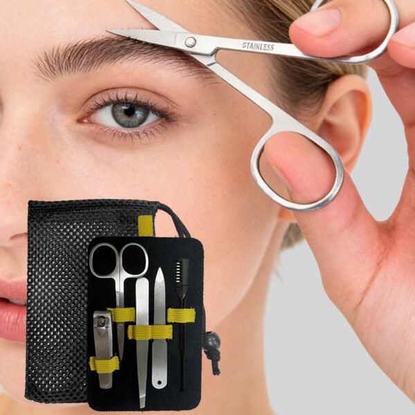 5-in-1 Stainless Steel Manicure & Grooming Kit | Nail Clipper, Scissors, Tweezers, Nail File & Ear Pick | Portable Travel Set with Mesh Bag | Professional Personal Care Tools for Men & Women