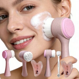 3-in-1 Facial Cleansing Set | Double-Sided Brush, Stainless Steel Blackhead Spatula & Resin Gua Sha Tool for Deep Cleanse & Face Sculpting