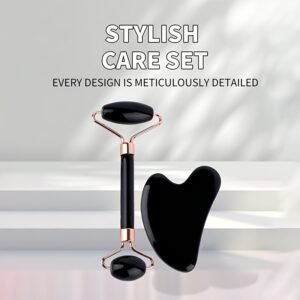 Obsidian Facial Roller & Gua Sha Set | Natural Black Stone with Rose Gold Frame | 2-in-1 Skincare Tool for Face Sculpting, Puffiness Reduction & Product Absorption