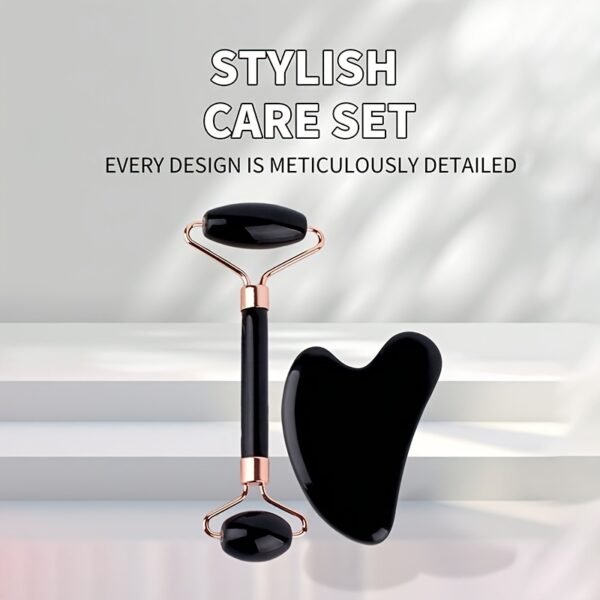 ab0b0c4b-2ca1-4e6e-8065-2f5d30b63083 Obsidian Facial Roller & Gua Sha Set | Natural Black Stone with Rose Gold Frame | 2-in-1 Skincare Tool for Face Sculpting, Puffiness Reduction & Product Absorption