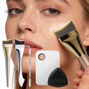 Professional Foundation Makeup Set: Crescent & Mermaid Brushes, Mixing Palette, Spatula & Triangle Puff for Flawless Base Makeup