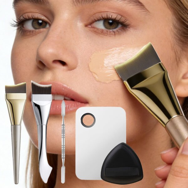 Professional Foundation Makeup Set: Crescent & Mermaid Brushes, Mixing Palette, Spatula & Triangle Puff for Flawless Base Makeup