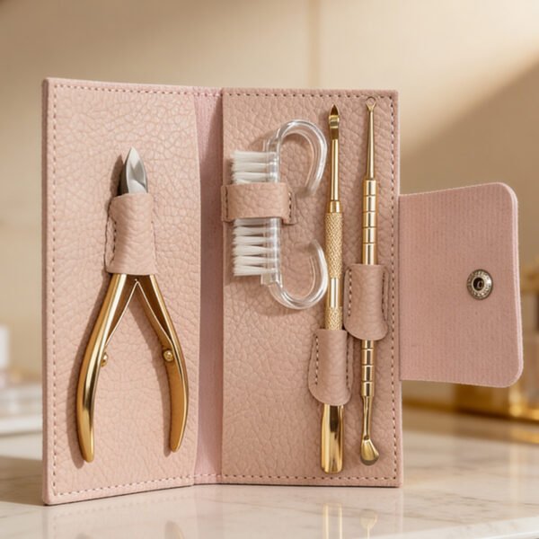4-in-1 Professional Manicure & Pedicure Tool Set | Gold-Plated Stainless Steel Tools | Portable Pink Leather Case for Cuticle Care & Nail Grooming