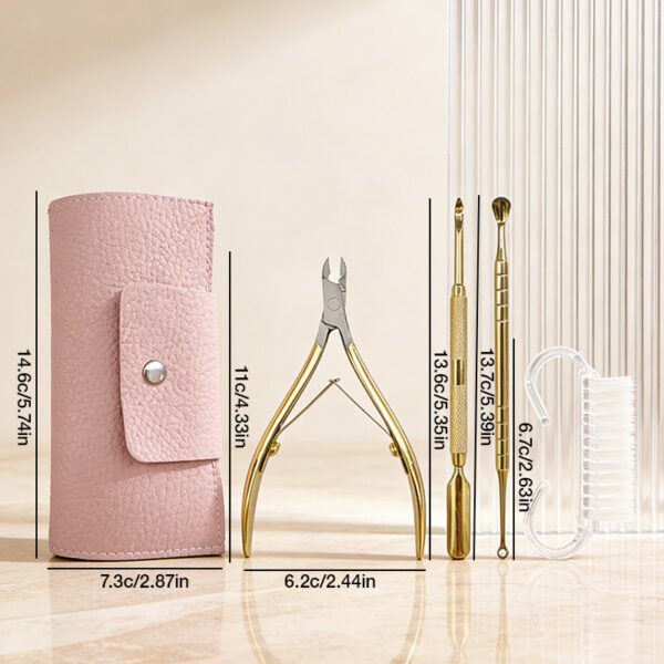 4-in-1 Professional Manicure & Pedicure Tool Set | Gold-Plated Stainless Steel Tools | Portable Pink Leather Case for Cuticle Care & Nail Grooming