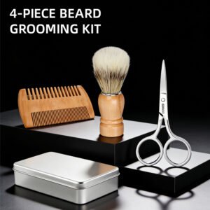 4-Piece Premium Beard Grooming Kit for Men - Beard Brush, Scissors, Wooden Comb & Storage Tin for Shaving & Trimming
