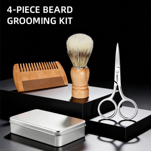 4-Piece Premium Beard Grooming Kit for Men - Beard Brush, Scissors, Wooden Comb & Storage Tin for Shaving & Trimming