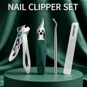 4PCS Nail Clipper Set with Wide Jaw Clipper, Toenail Nipper, Nail Cleaner & Glass File, Stainless Steel Manicure Pedicure Kit for Thick & Ingrown Nails