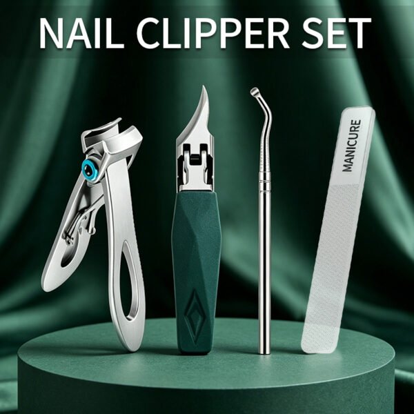 4PCS Nail Clipper Set with Wide Jaw Clipper, Toenail Nipper, Nail Cleaner & Glass File, Stainless Steel Manicure Pedicure Kit for Thick & Ingrown Nails