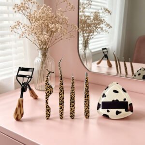 6-Piece Leopard Print Makeup Tool Set | Eyelash Curler, Tweezers & Powder Puff Kit