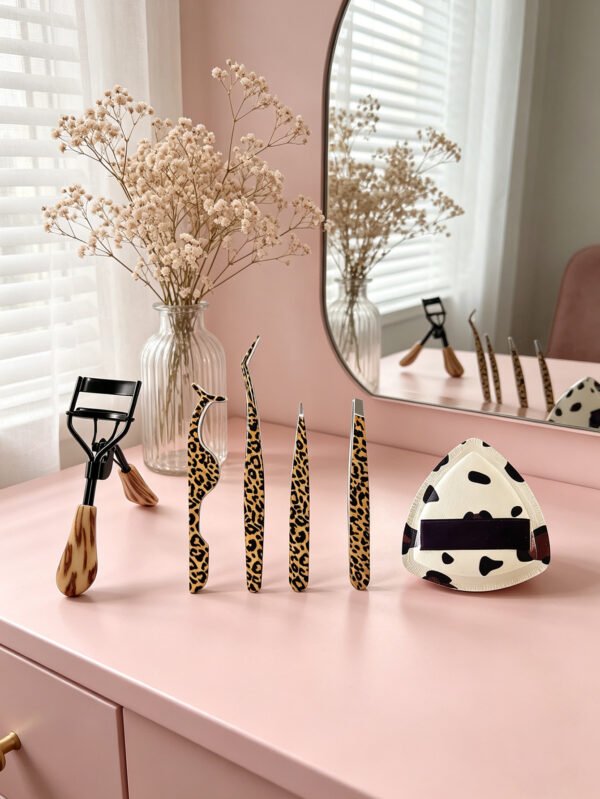 6-Piece Leopard Print Makeup Tool Set | Eyelash Curler, Tweezers & Powder Puff Kit