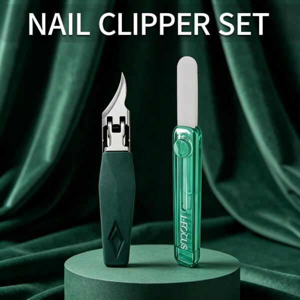 Professional 2-Piece Nail Care Set – Precision Angled Toenail Clipper & Retractable Glass Nail File for Thick, Ingrown Nails